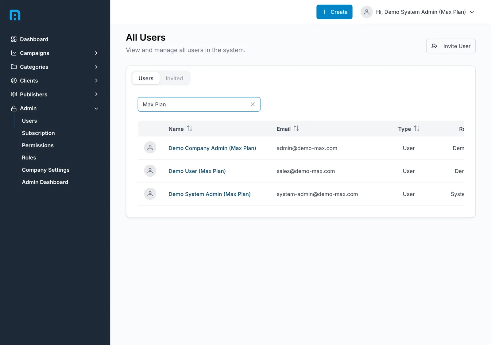 The user list showing name, email, type, role, status, last login and created date