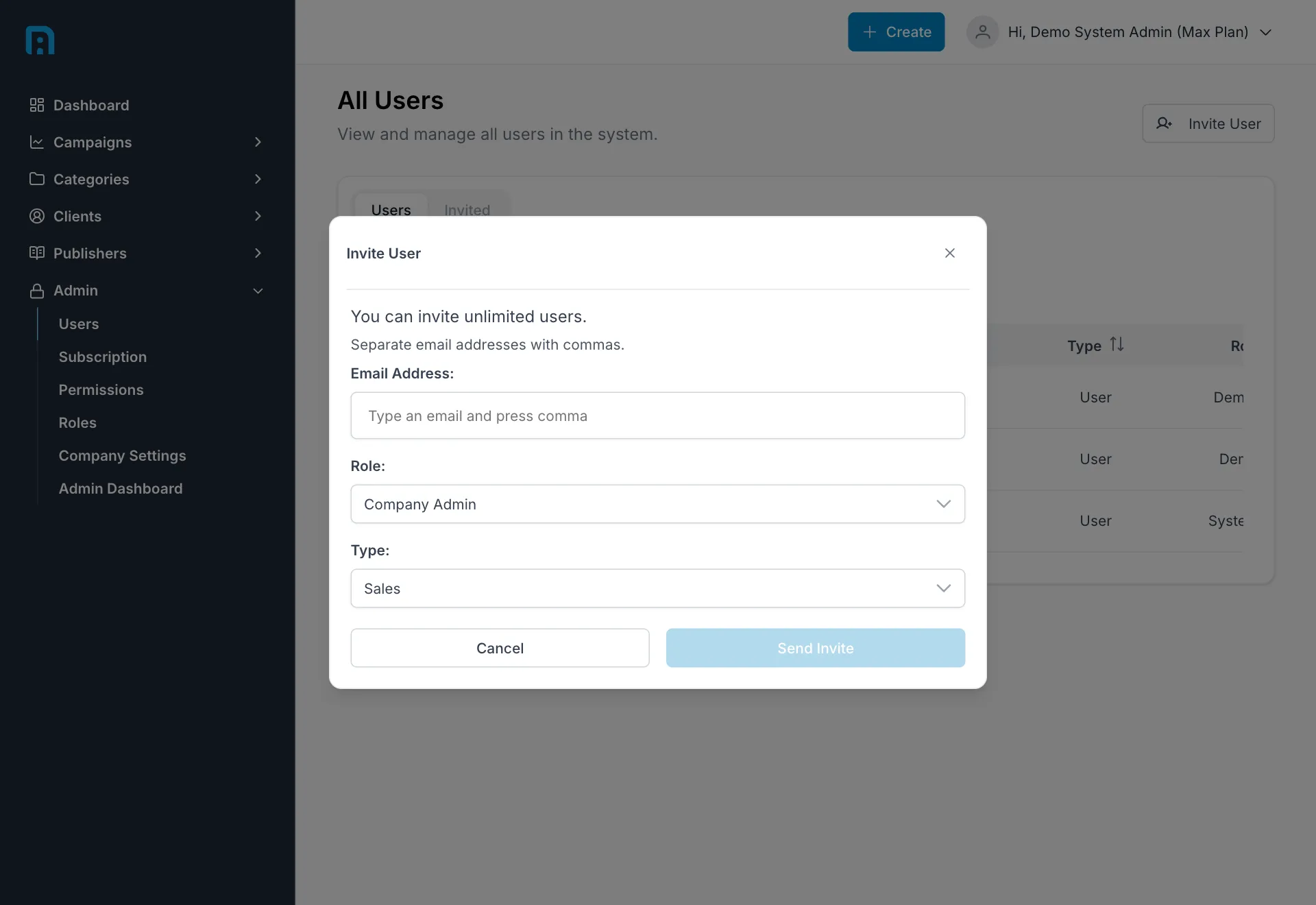The invite user dialog with email address, role and type fields
