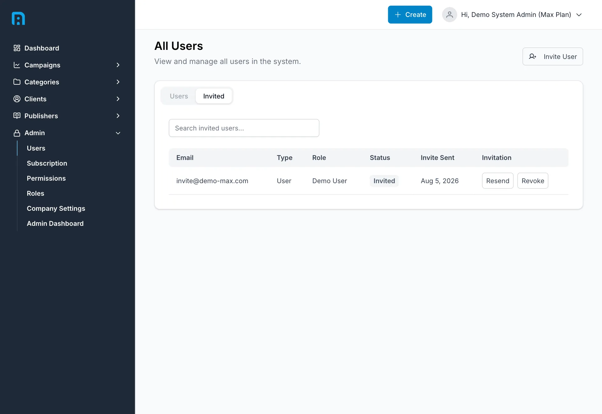 The Invited tab, listing invitations that have not yet been accepted