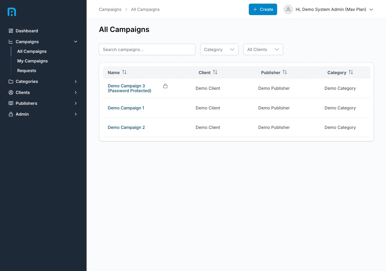 The InsightsRN sidebar: Dashboard, Campaigns, Categories, Clients, Publishers and Admin