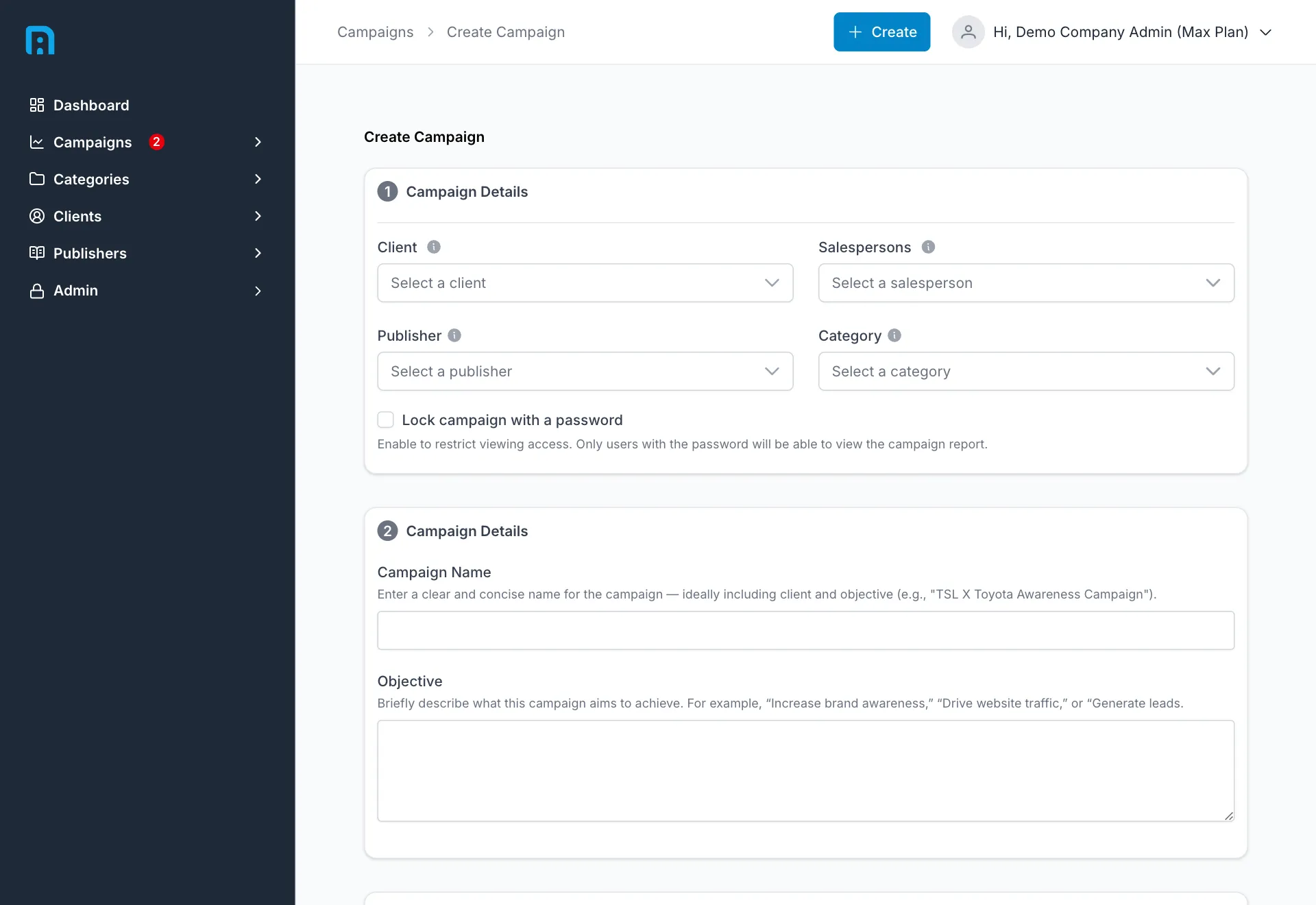 The create-campaign form with client, salespersons, publisher, category, name and objective fields