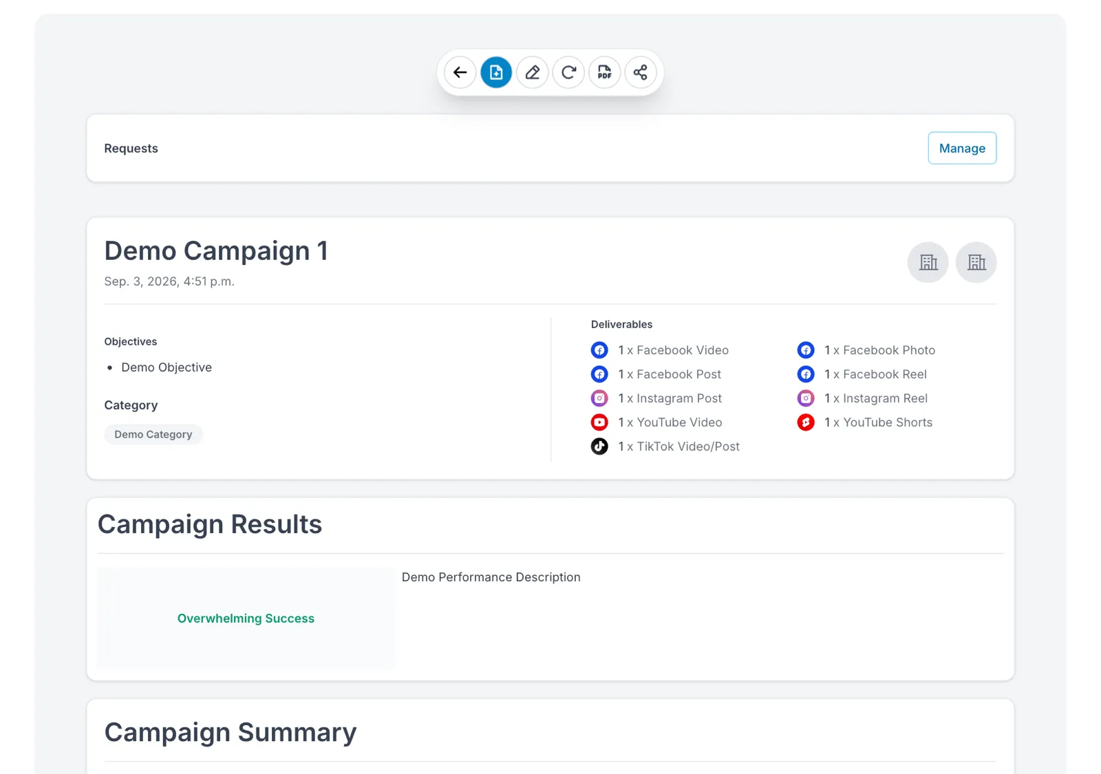 A campaign showing its objectives, category, deliverable breakdown by platform, and results