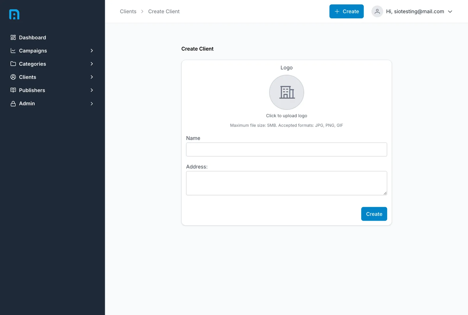 The create-client form with fields for logo, name and address