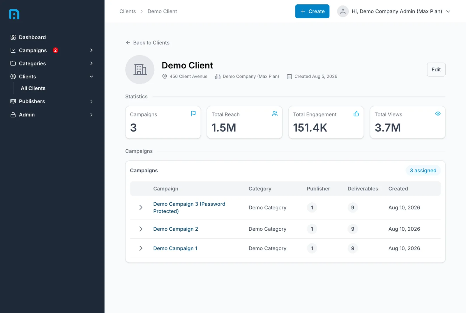 A client in use, showing three assigned campaigns and aggregated reach, engagement and view totals