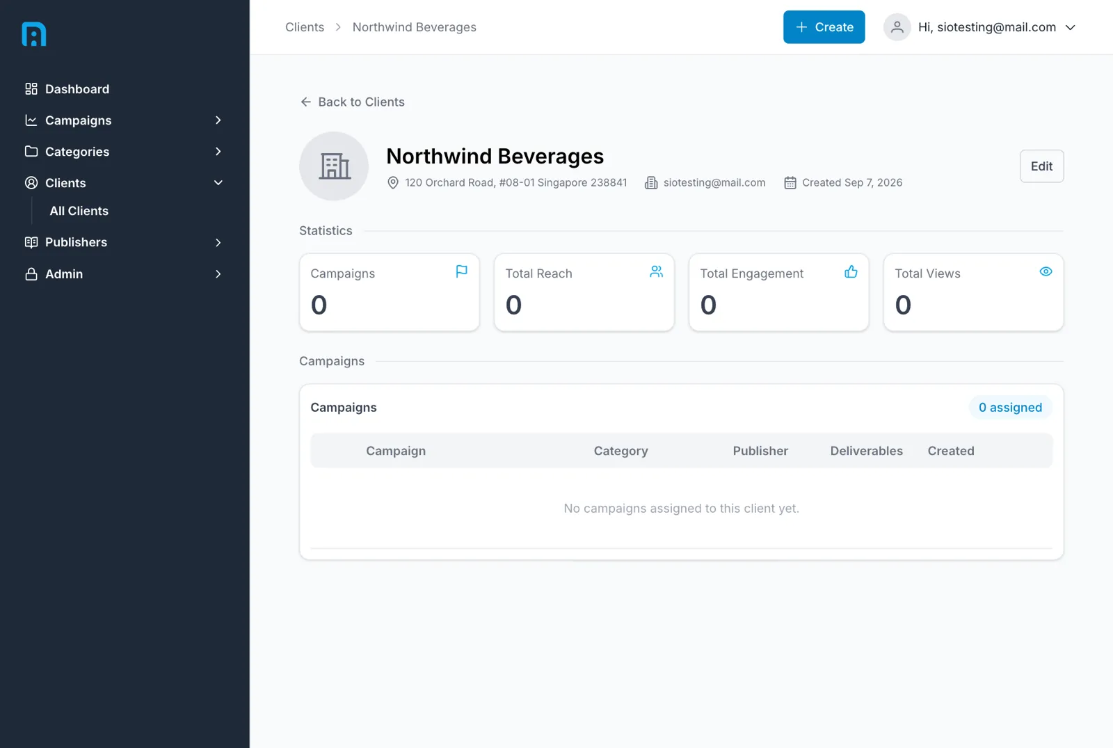 A newly created client, with all statistics at zero and no campaigns assigned yet