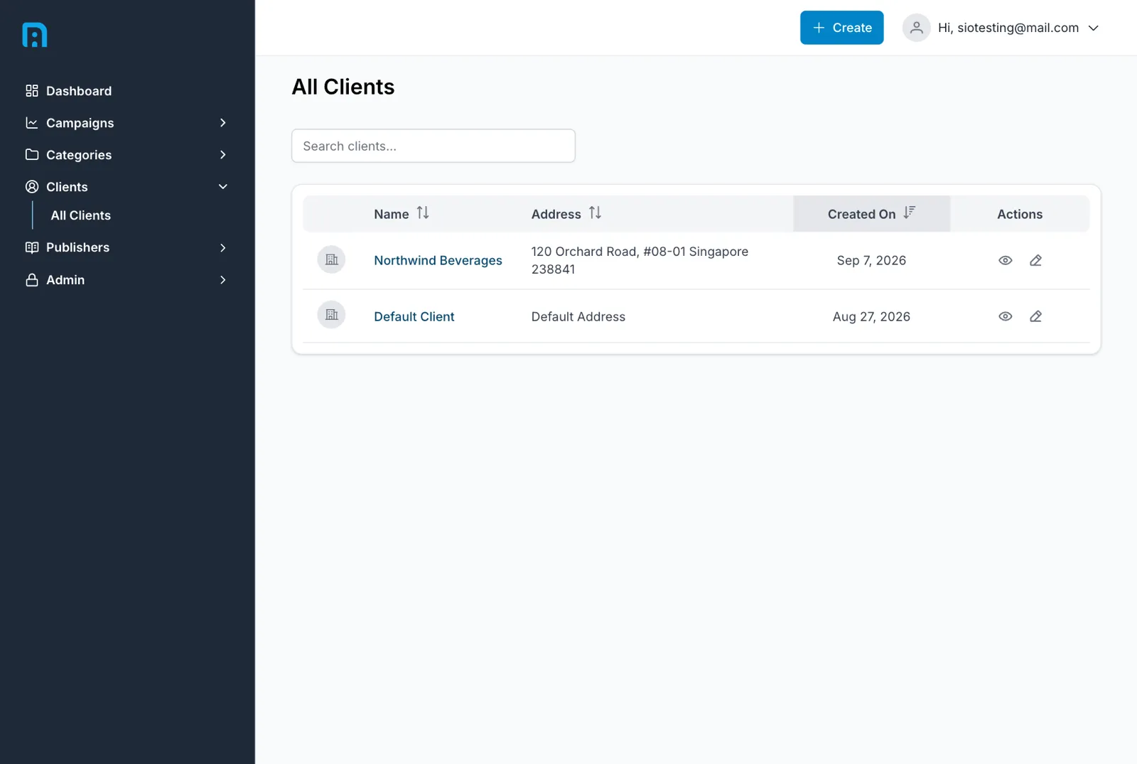 The client list showing each client's name, address and creation date