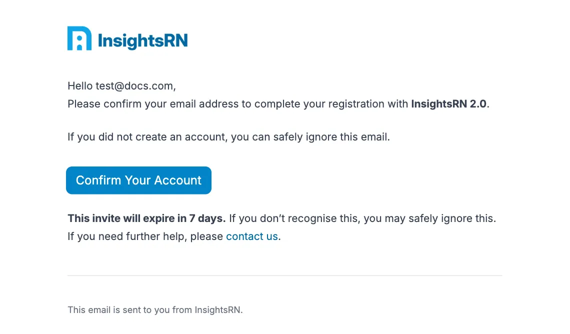 The confirmation email, with a Confirm Your Account button and a note that the invite expires in seven days