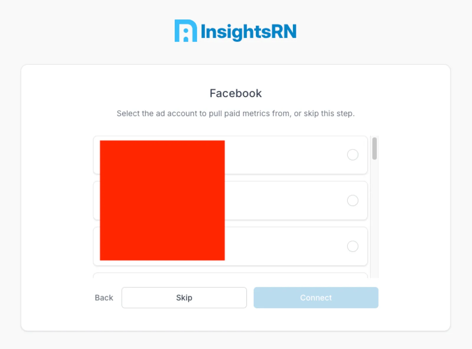 The ad account selection step