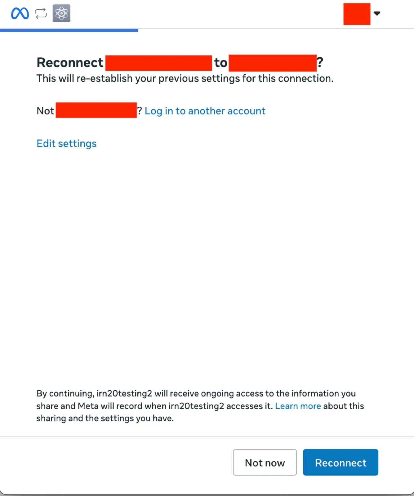 The Facebook permissions dialog listing what InsightsRN is requesting