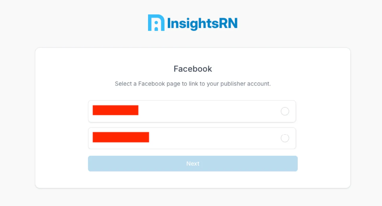 The Facebook page selection screen