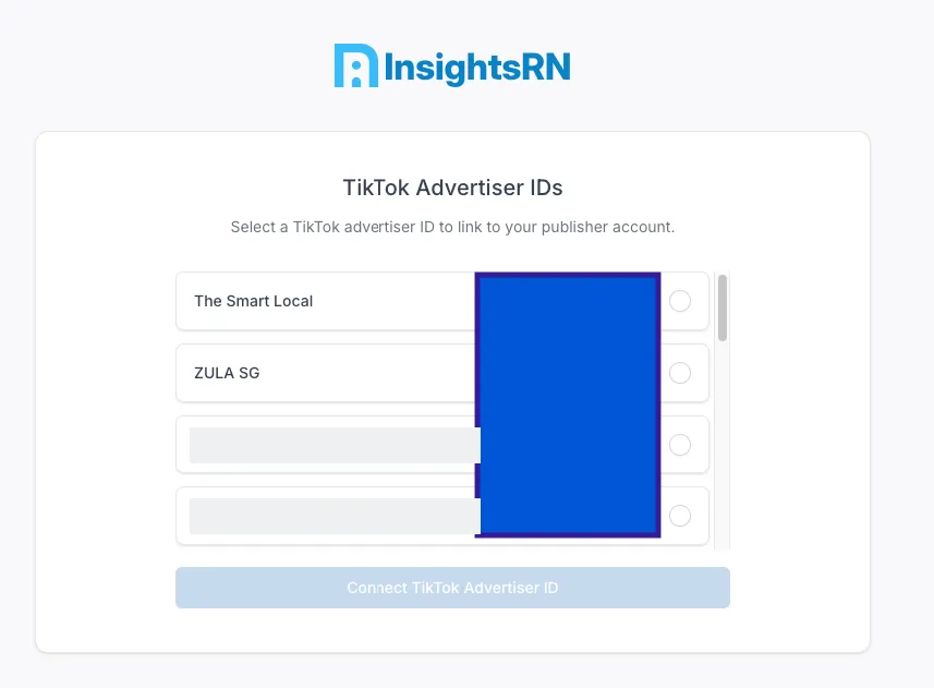 The advertiser ID selection screen listing the advertiser accounts available to link
