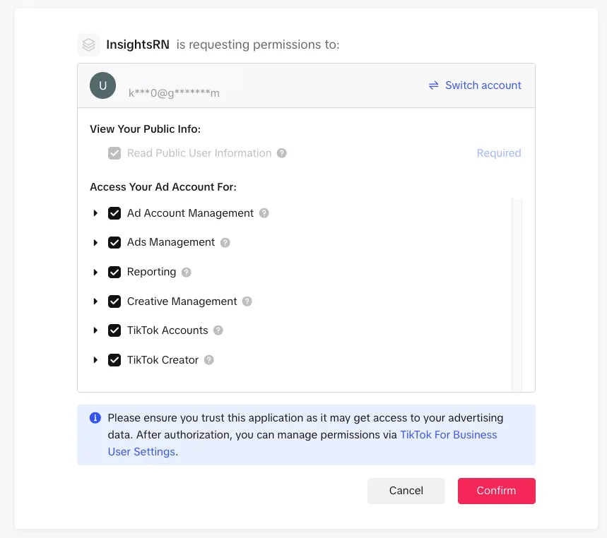 The TikTok permissions dialog listing ad account management, ads management, reporting, creative management, TikTok accounts and TikTok creator access
