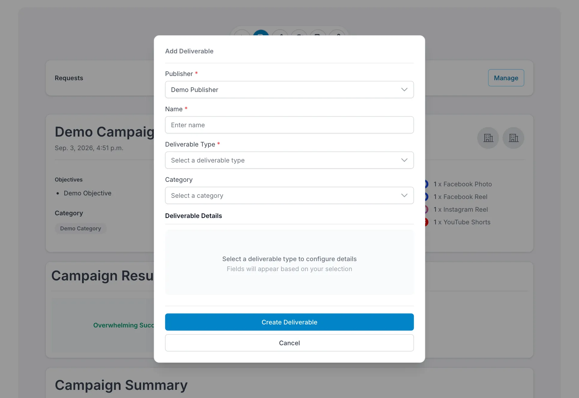 The Add Deliverable dialog with publisher, name, deliverable type and category fields, and an empty deliverable details section