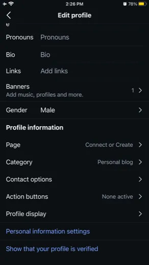 The Instagram profile settings showing the Page option