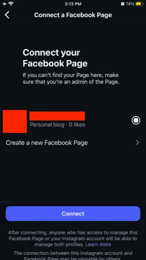 Choosing a Facebook Page to connect, or creating a new one