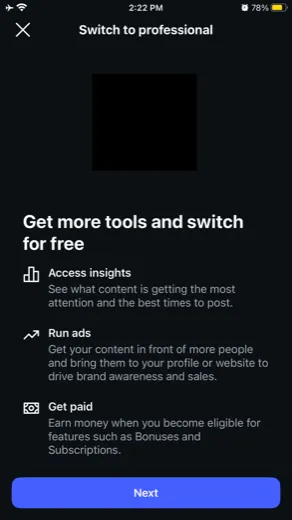 The Switch to professional introduction screen