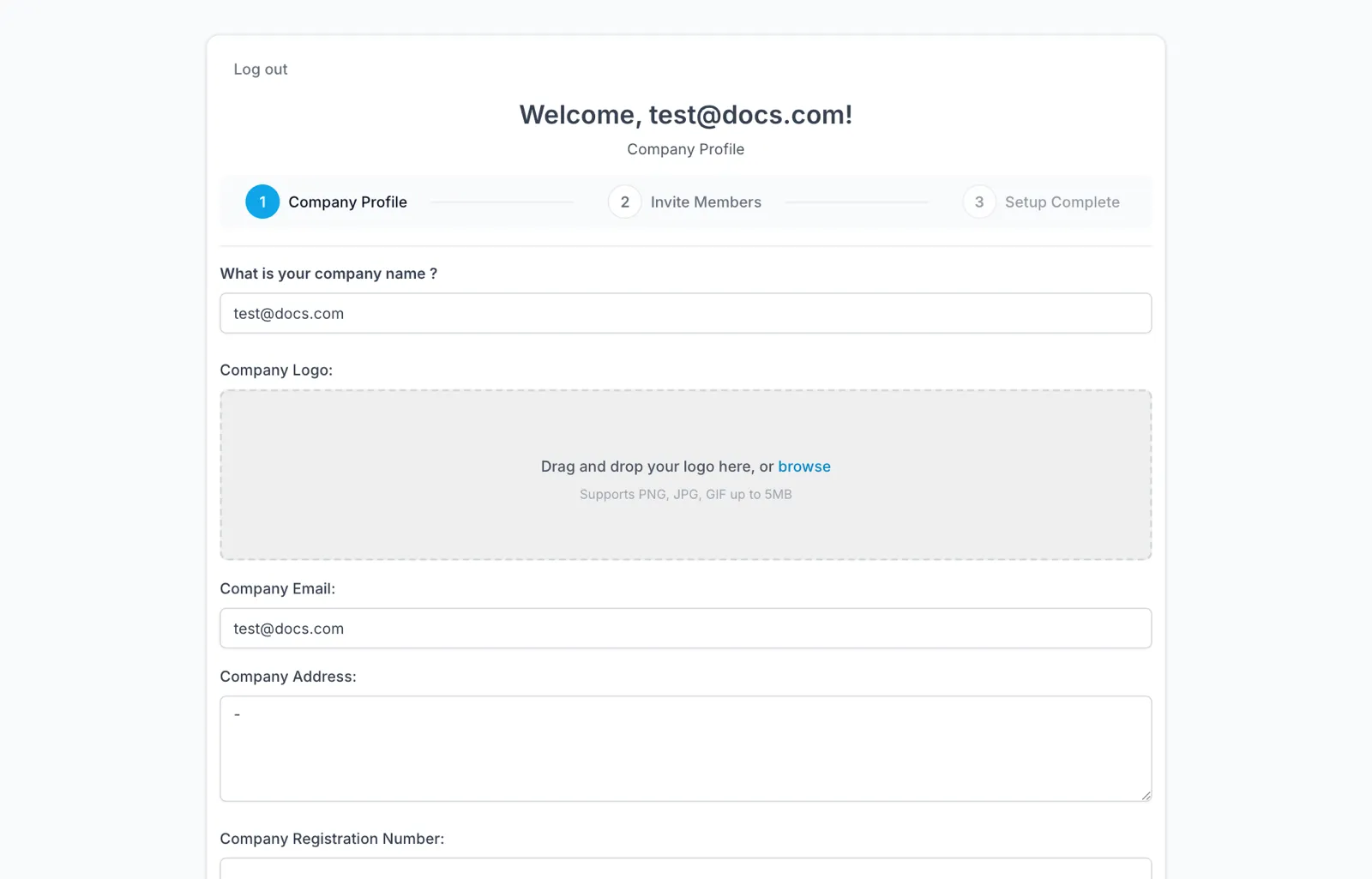 The company profile step, showing a three-step progress bar and fields for company name, logo, email, address, registration number and country