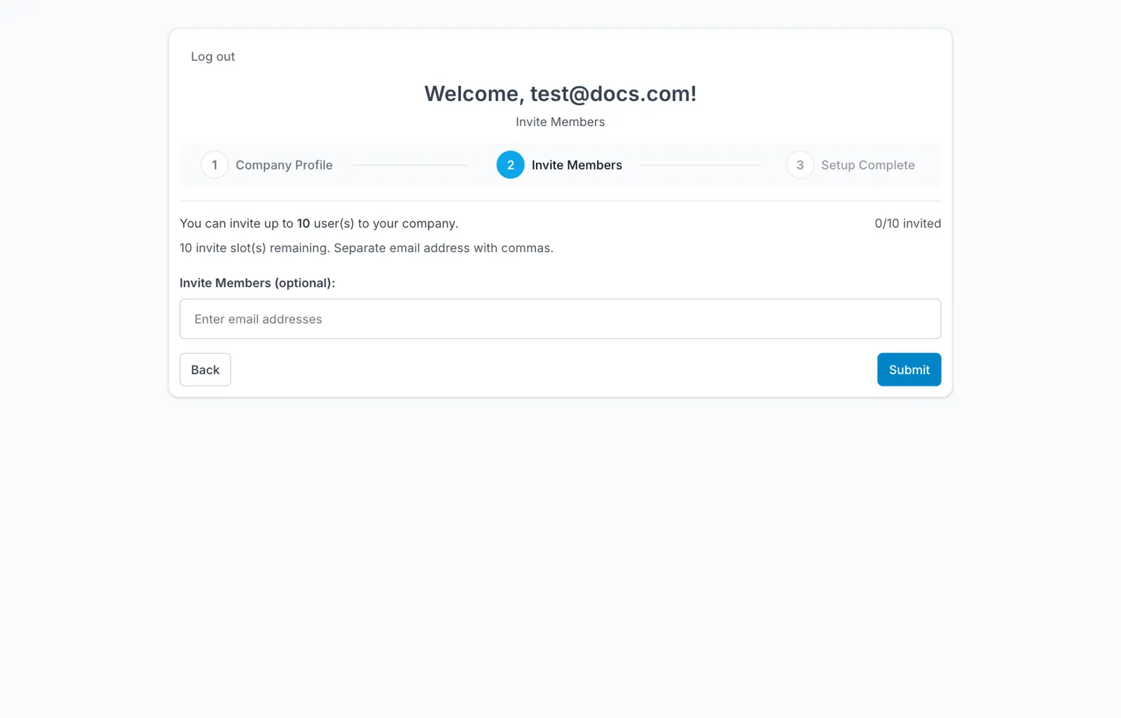 The invite members step, which is optional and can be skipped
