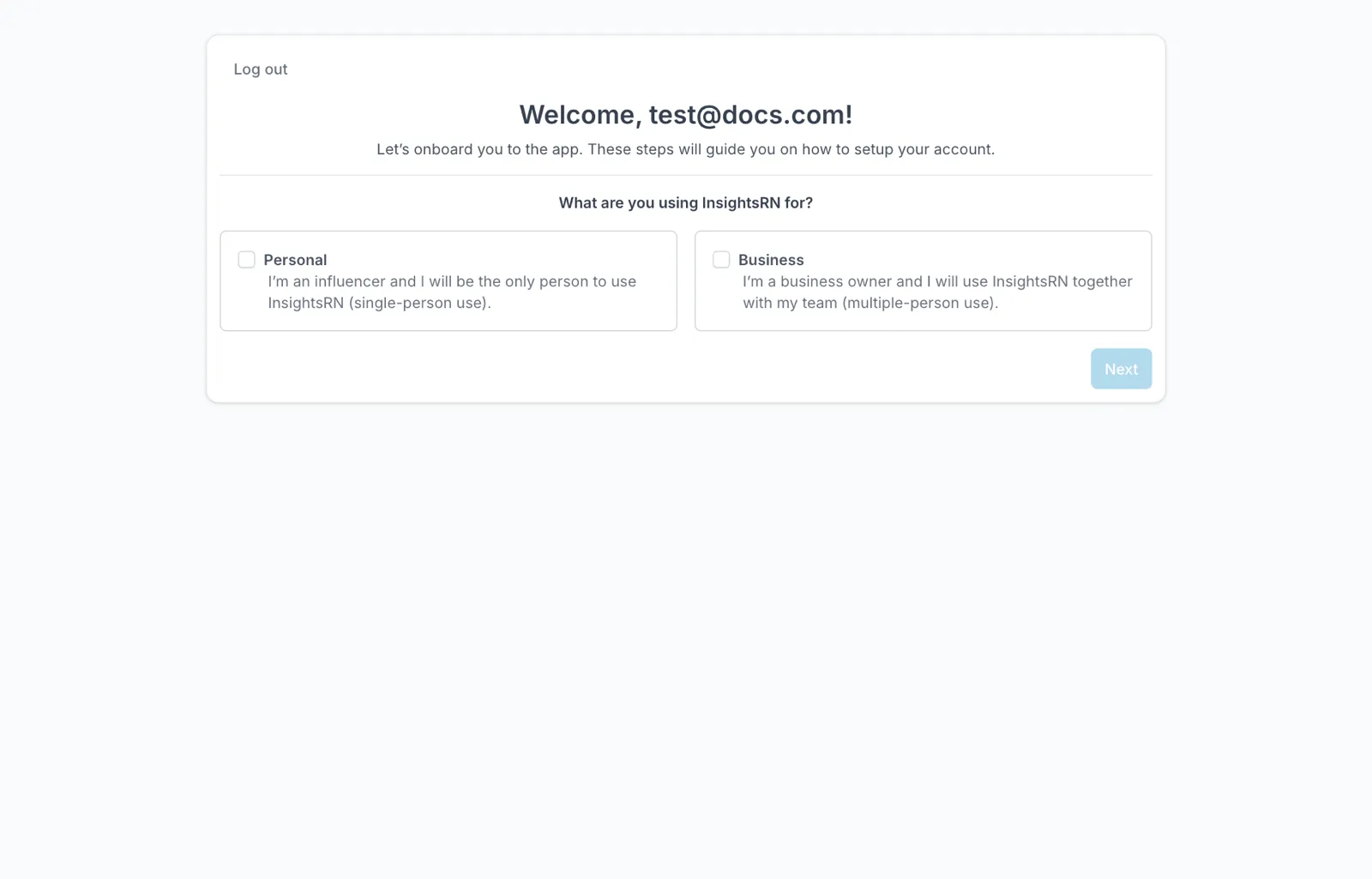The onboarding welcome step asking whether you are using InsightsRN personally or for a business