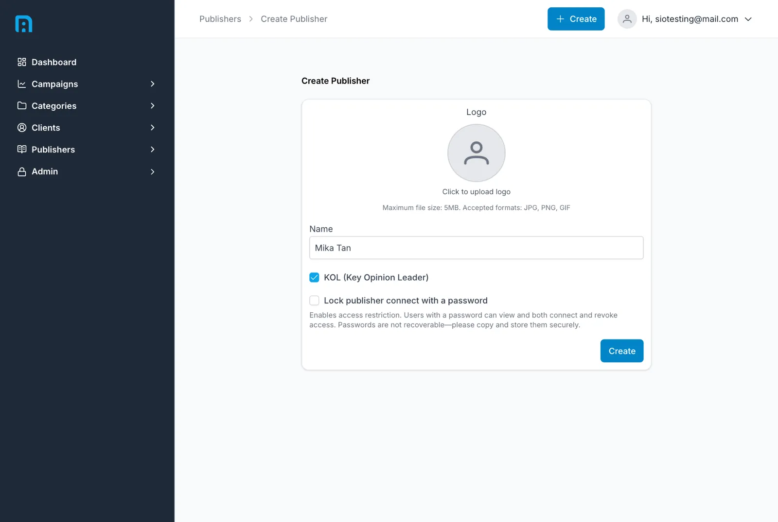 The create-publisher form filled in, with the KOL checkbox ticked