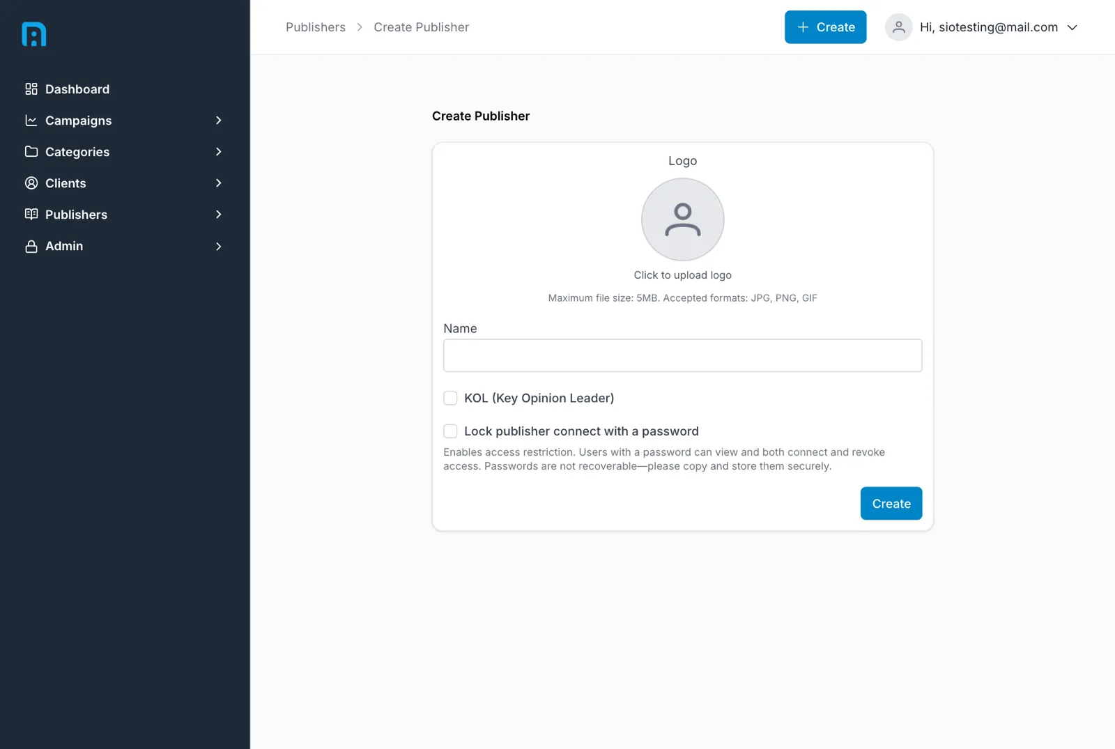 The create-publisher form with fields for logo, name, a KOL checkbox and a password-lock option
