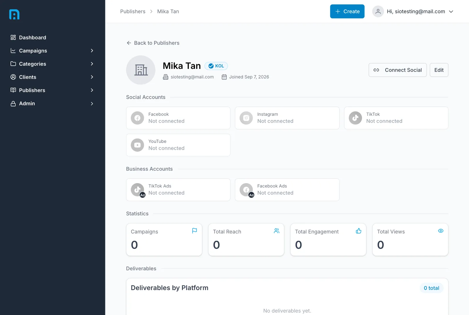 A newly created publisher, with no social accounts connected and all statistics at zero