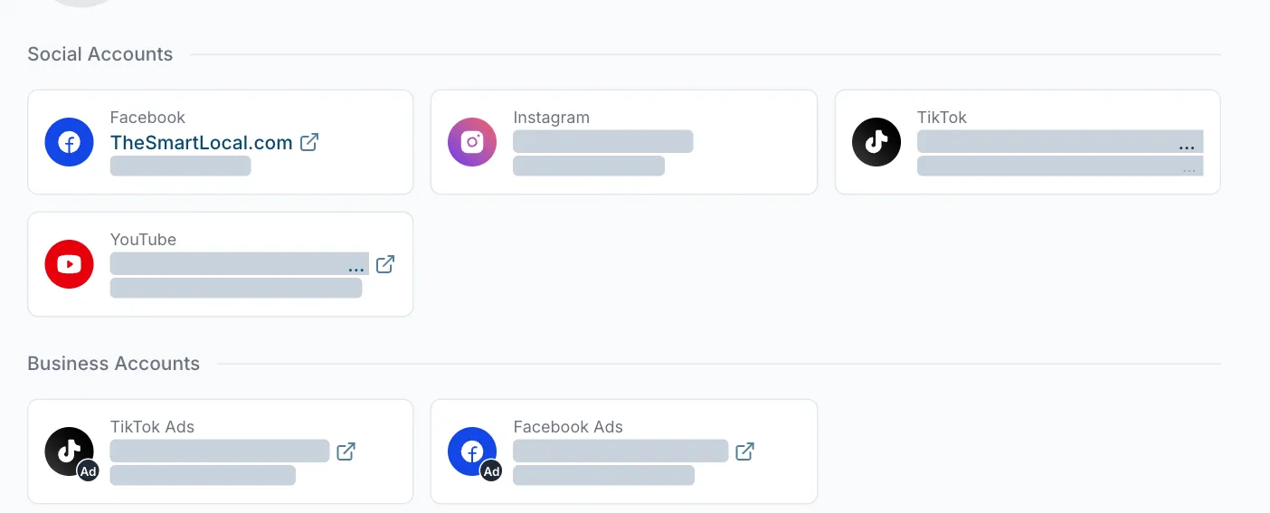 The social accounts section, showing connected Facebook, Instagram, TikTok and YouTube accounts, plus TikTok Ads and Facebook Ads business accounts