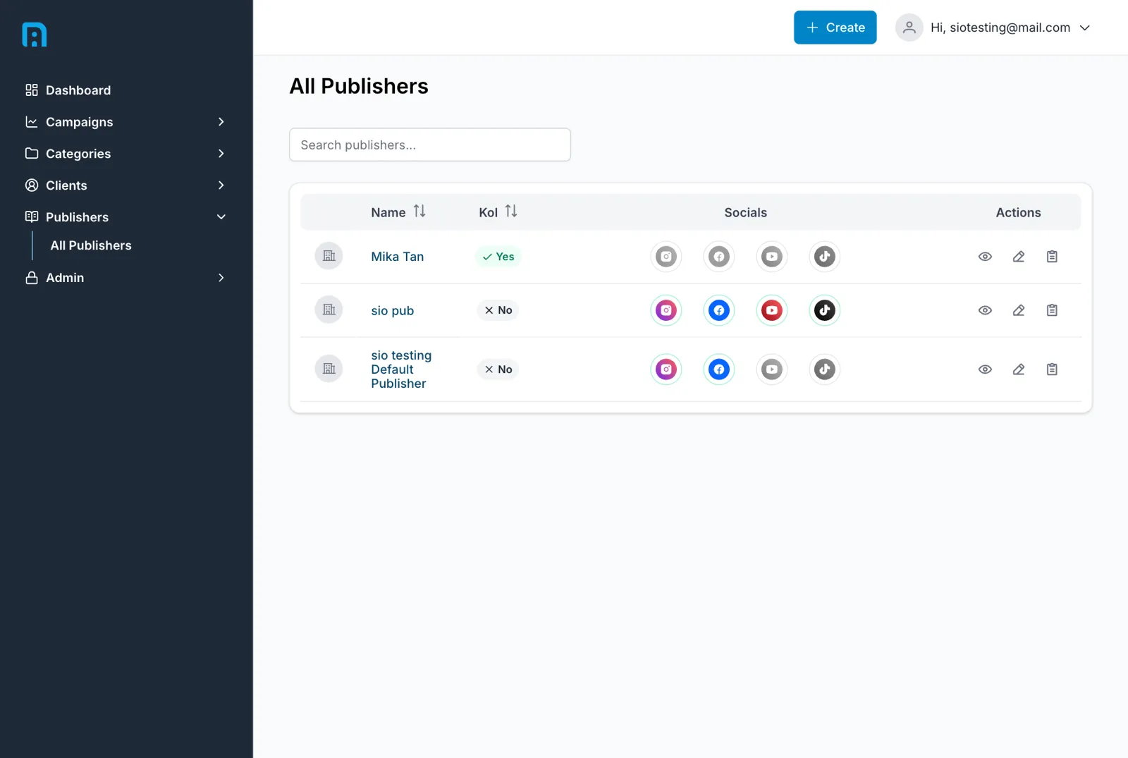 The publisher list showing each publisher's name, KOL flag and per-platform connection status