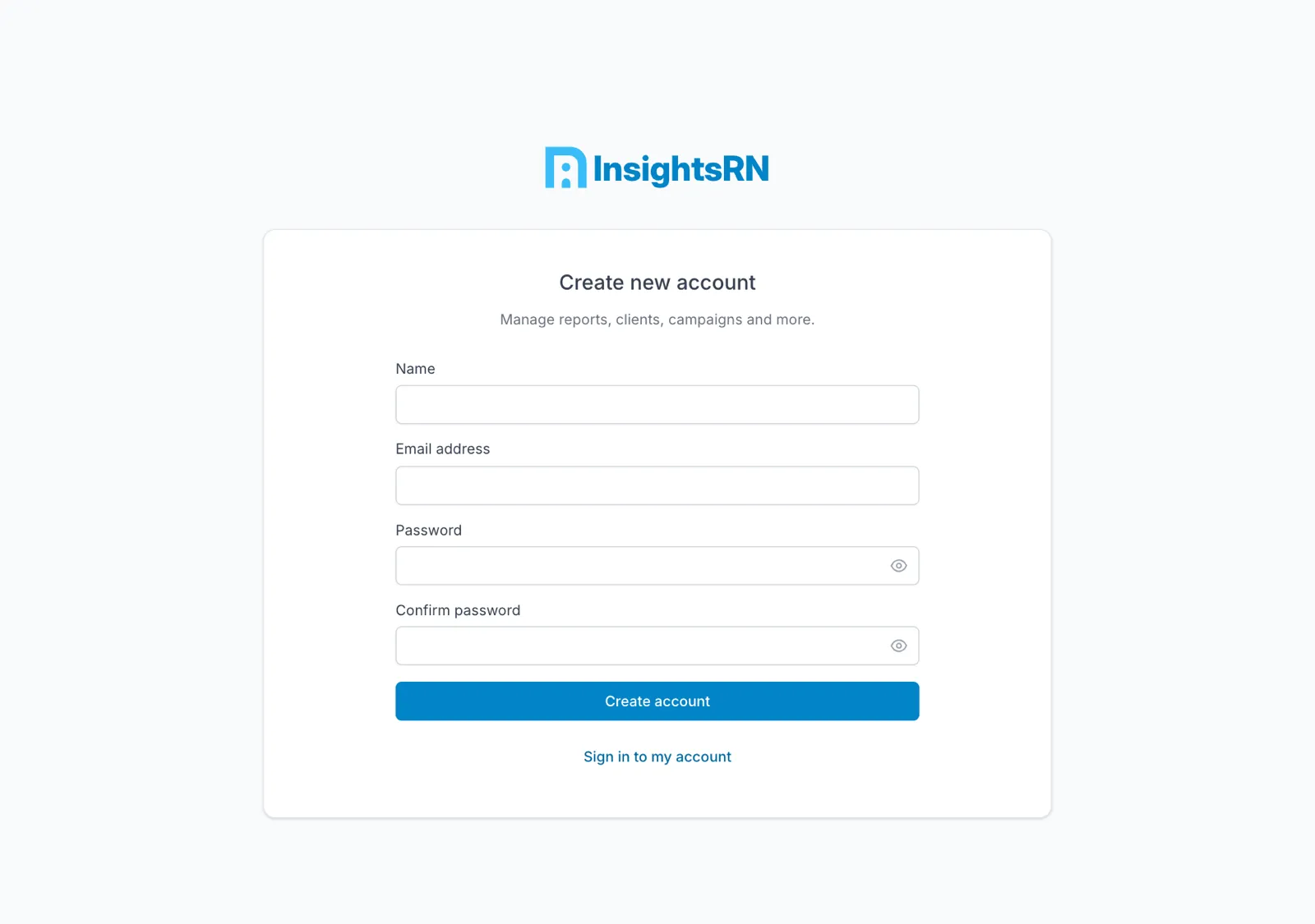The Create new account form with fields for name, email address, password and password confirmation
