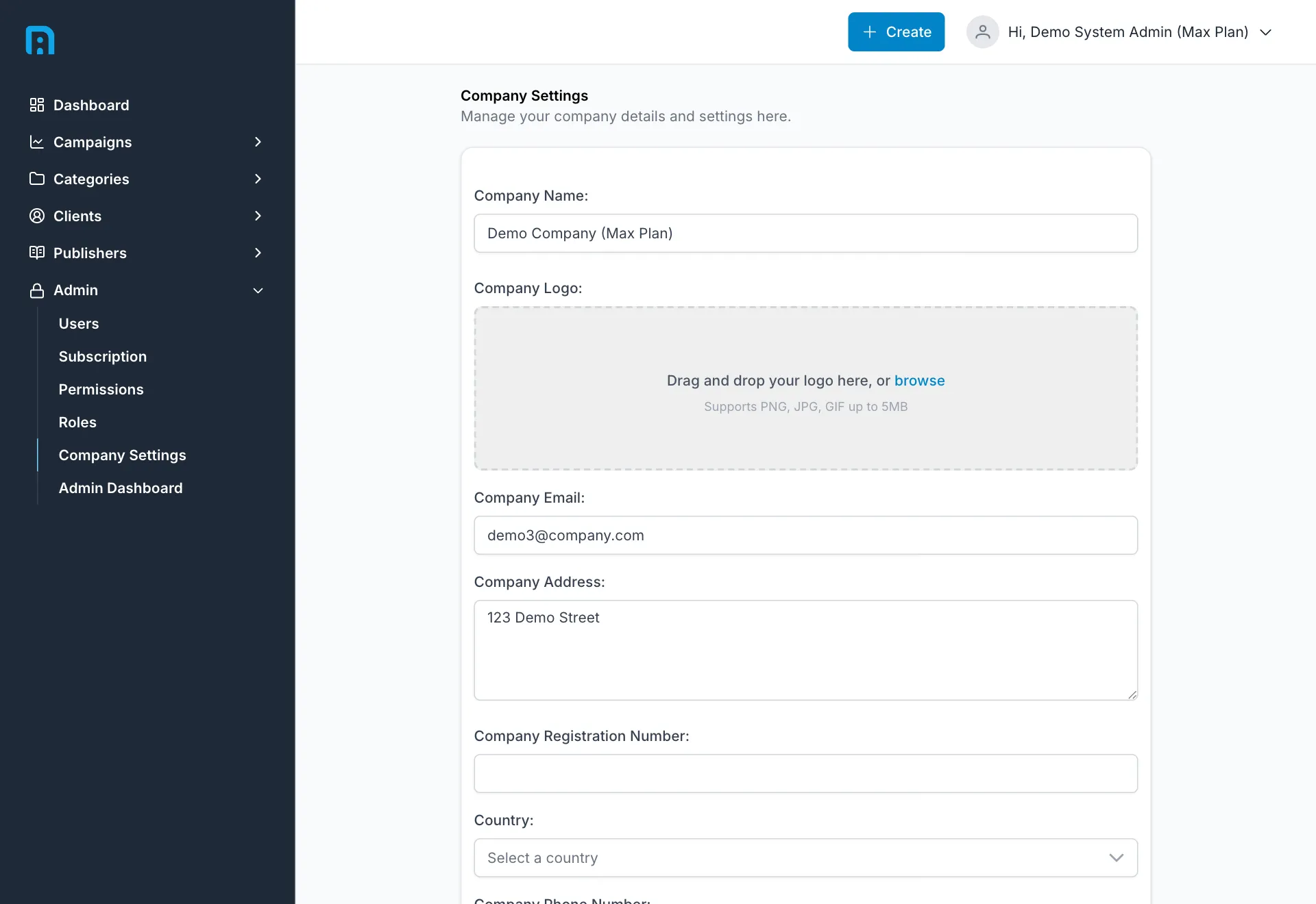 The company settings form with name, logo, email, address, registration number, country and phone number