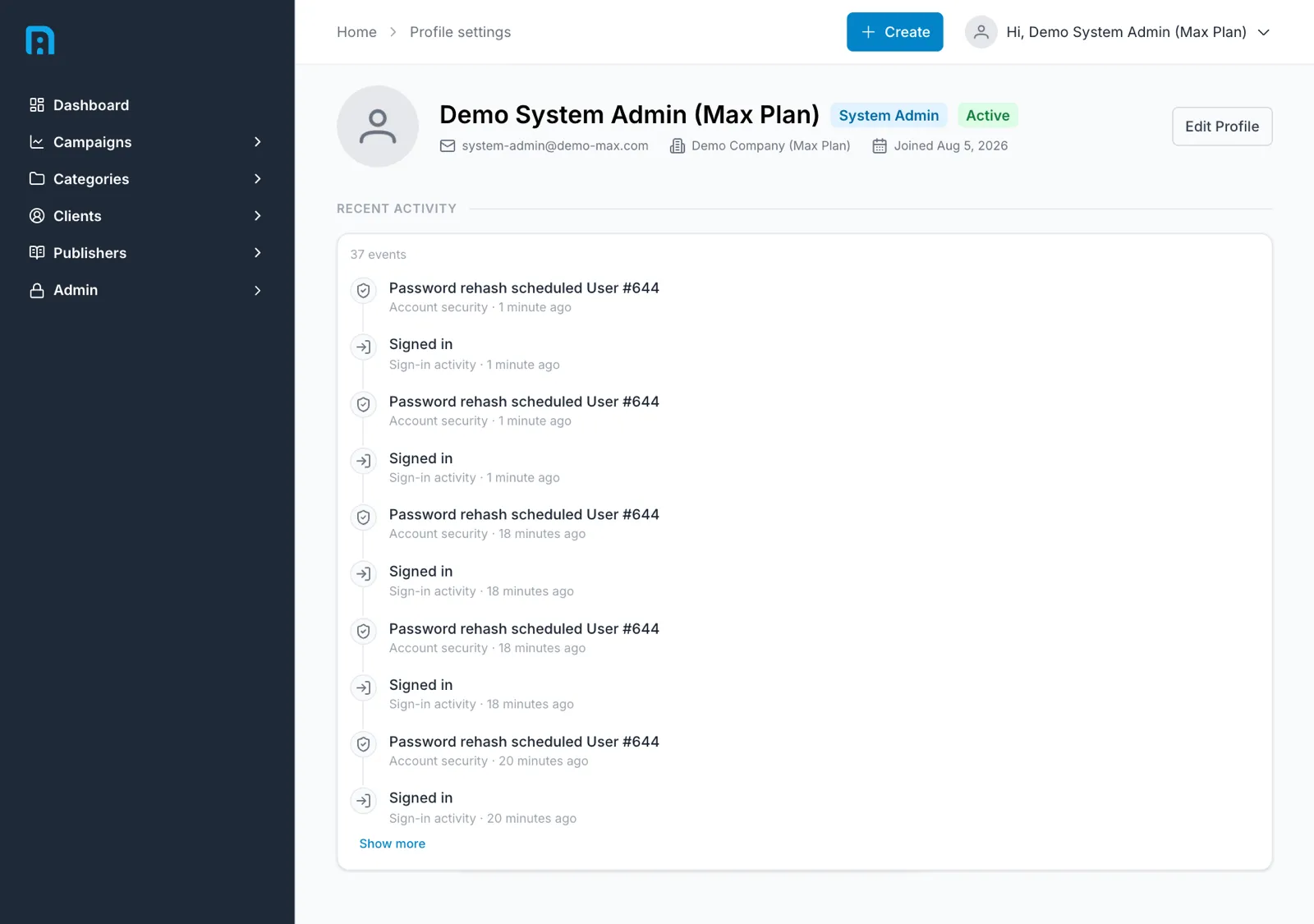 The profile settings page showing your name, role and status badges, contact details, and a recent activity feed