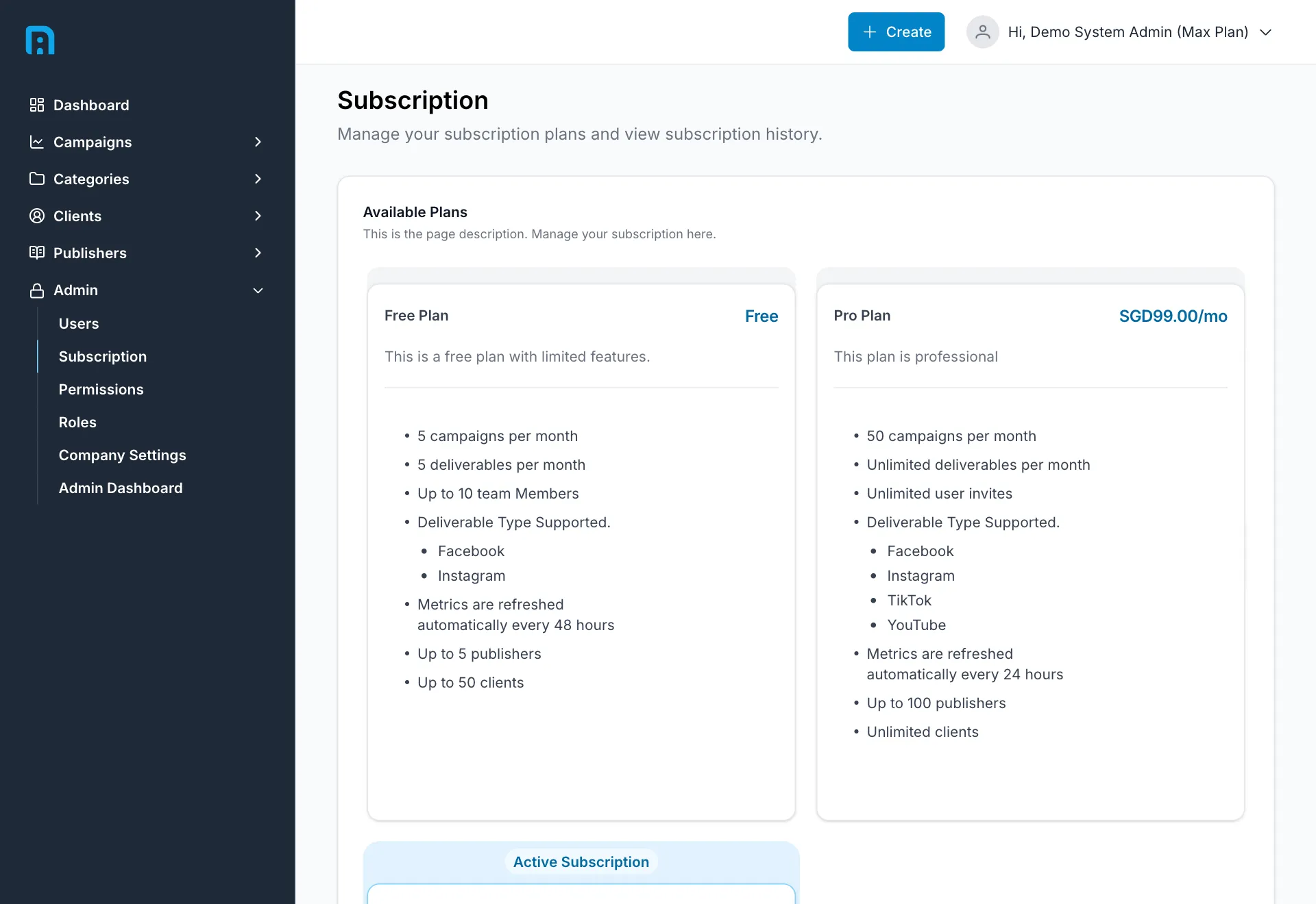 The subscription page showing the current plan