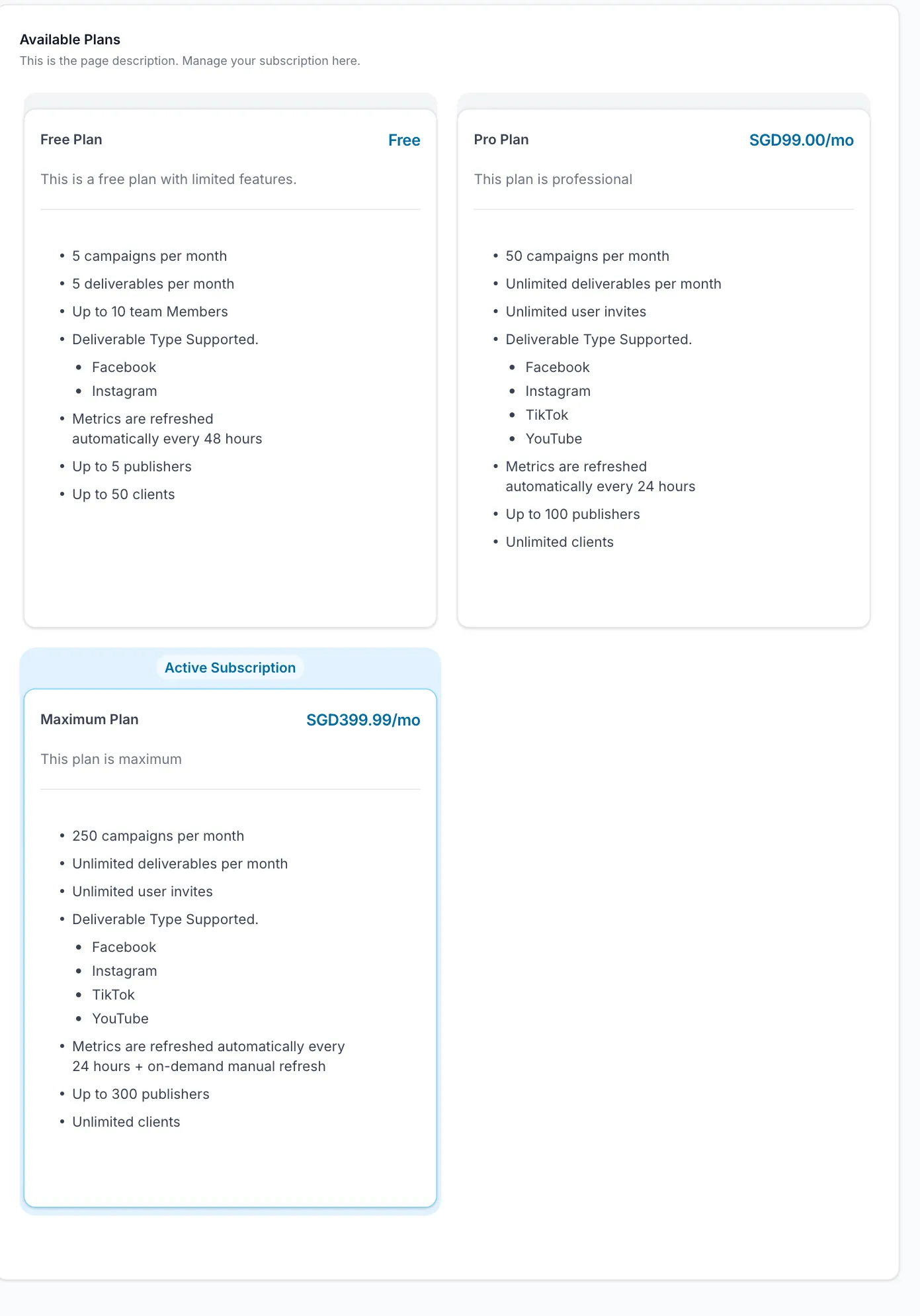 The available plans section